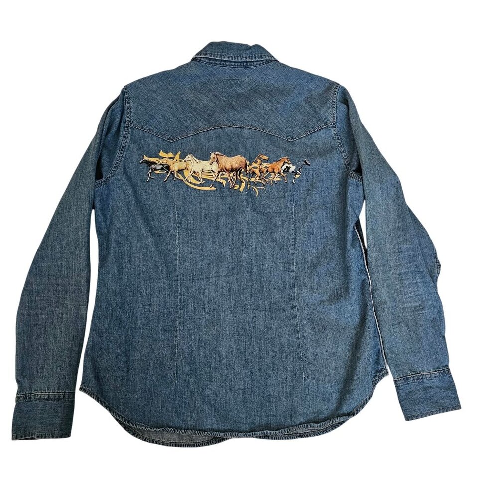 Gap 1969 Blue Horse Print Shoulder Side Pattern Trim Denim Western Shirt Size M - Picture 3 of 13